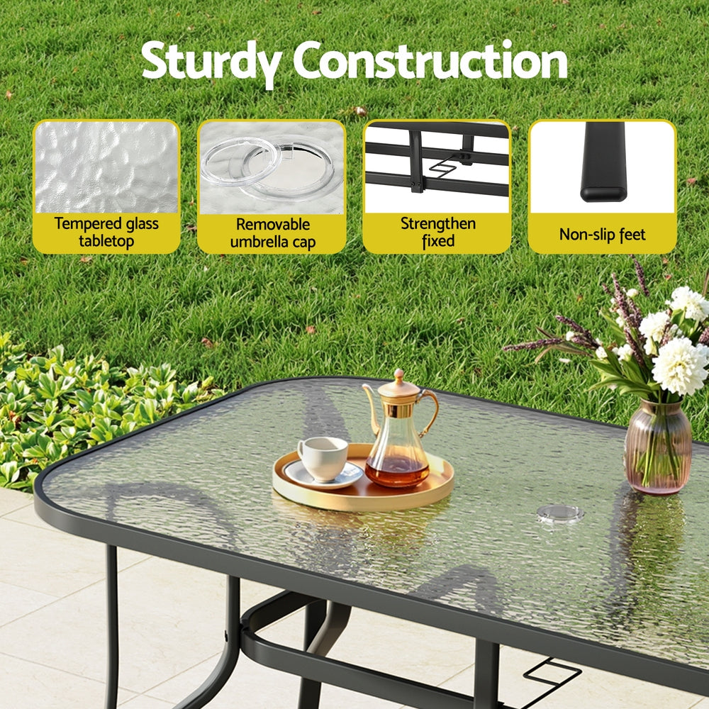 Gardeon 140CM Outdoor Dining Table Steel Frame Tempered Glass Parasol Hole Black ODF-DINTB-140