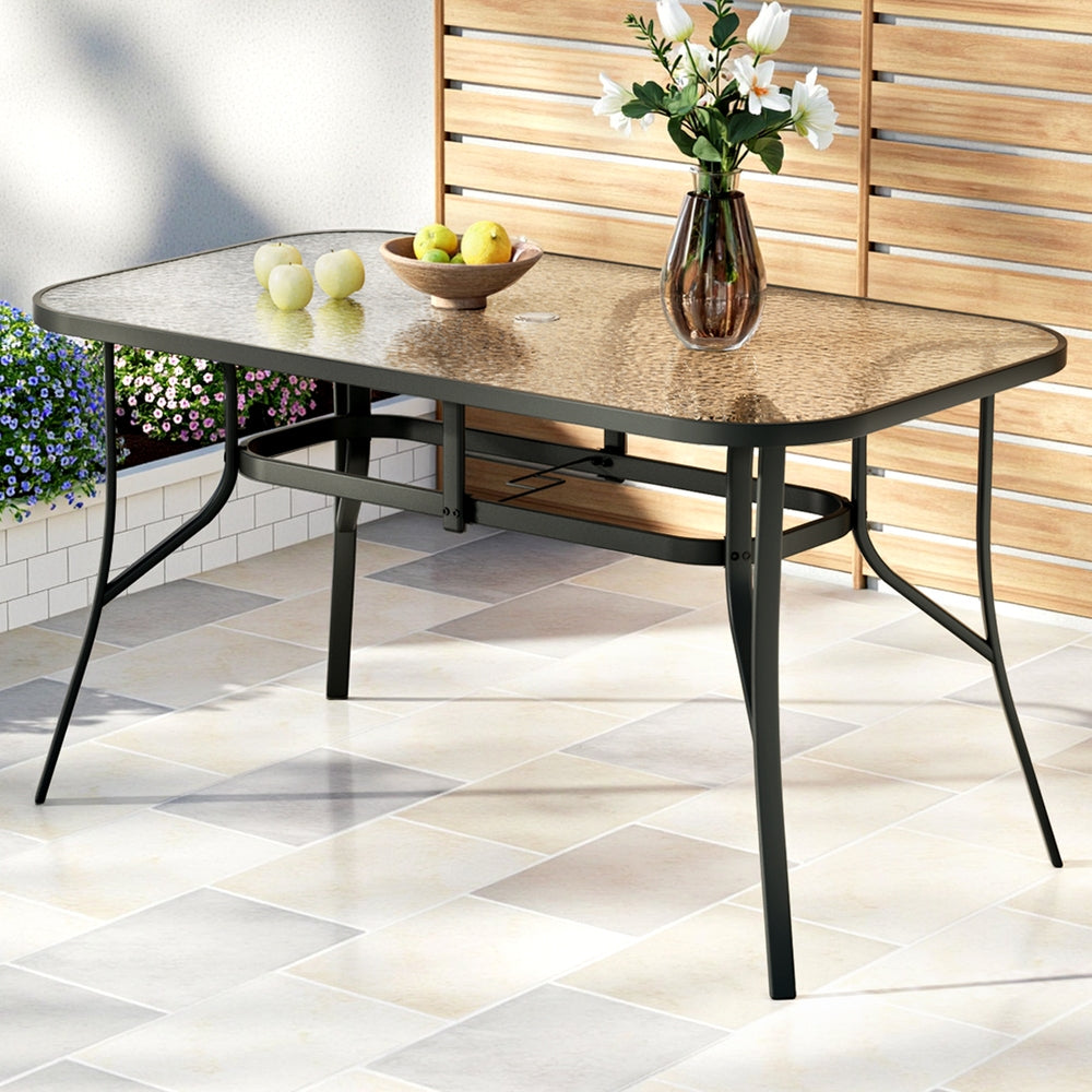 Gardeon 140CM Outdoor Dining Table Steel Frame Tempered Glass Parasol Hole Black ODF-DINTB-140