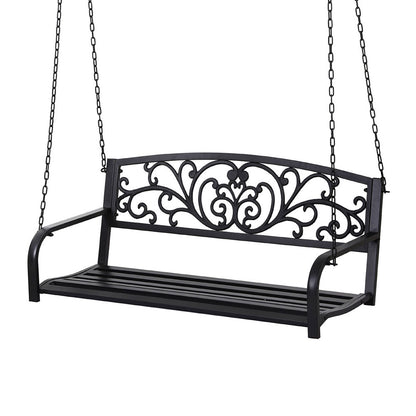 Gardeon Outdoor Porch Swing Chair Patio Furniture Floral Backrest 2 Seater Black ODF-GSC-STEEL-2S-FLORAL-BK