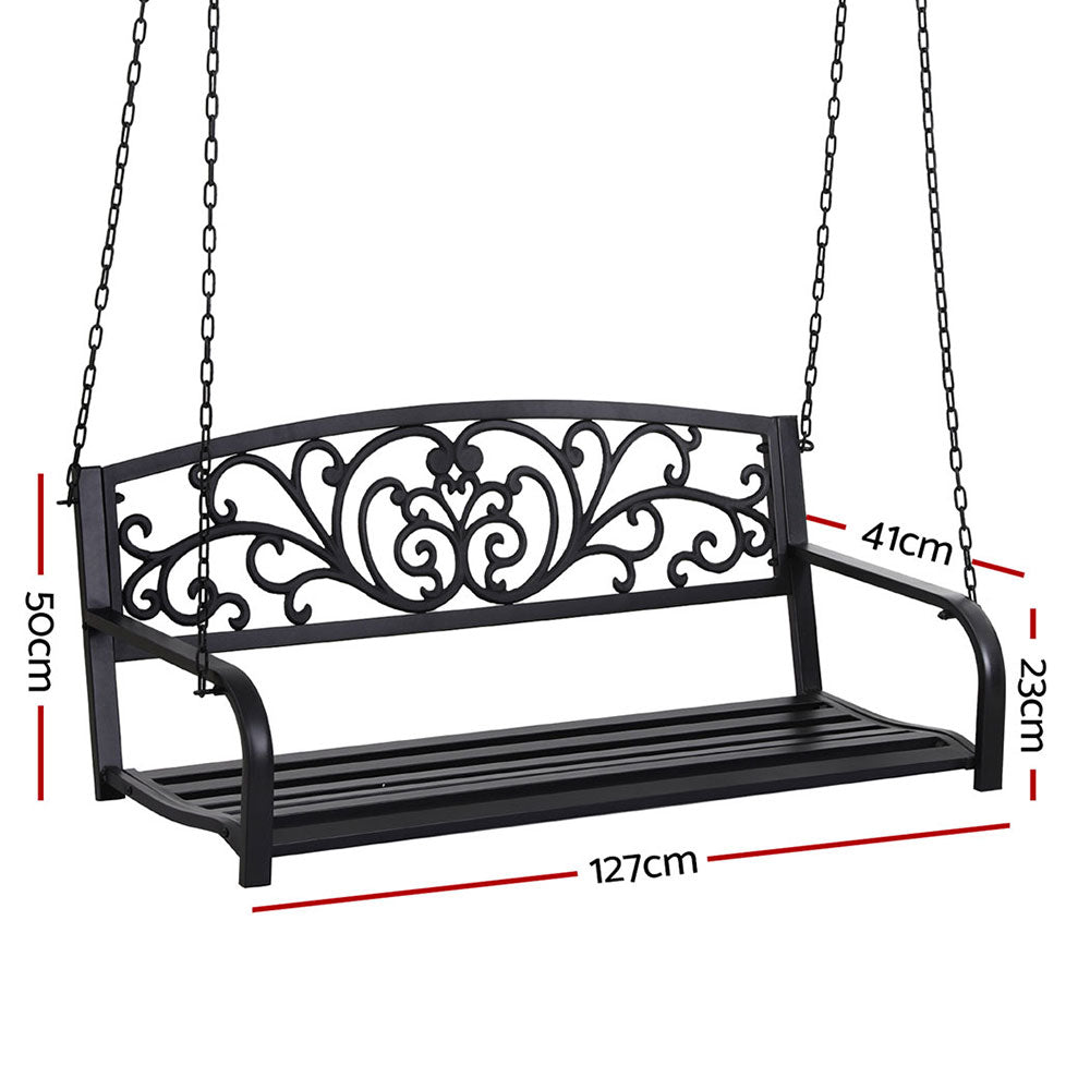 Gardeon Outdoor Porch Swing Chair Patio Furniture Floral Backrest 2 Seater Black ODF-GSC-STEEL-2S-FLORAL-BK