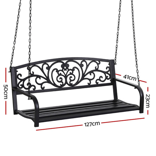 Gardeon Outdoor Porch Swing Chair Patio Furniture Floral Backrest 2 Seater Black ODF-GSC-STEEL-2S-FLORAL-BK
