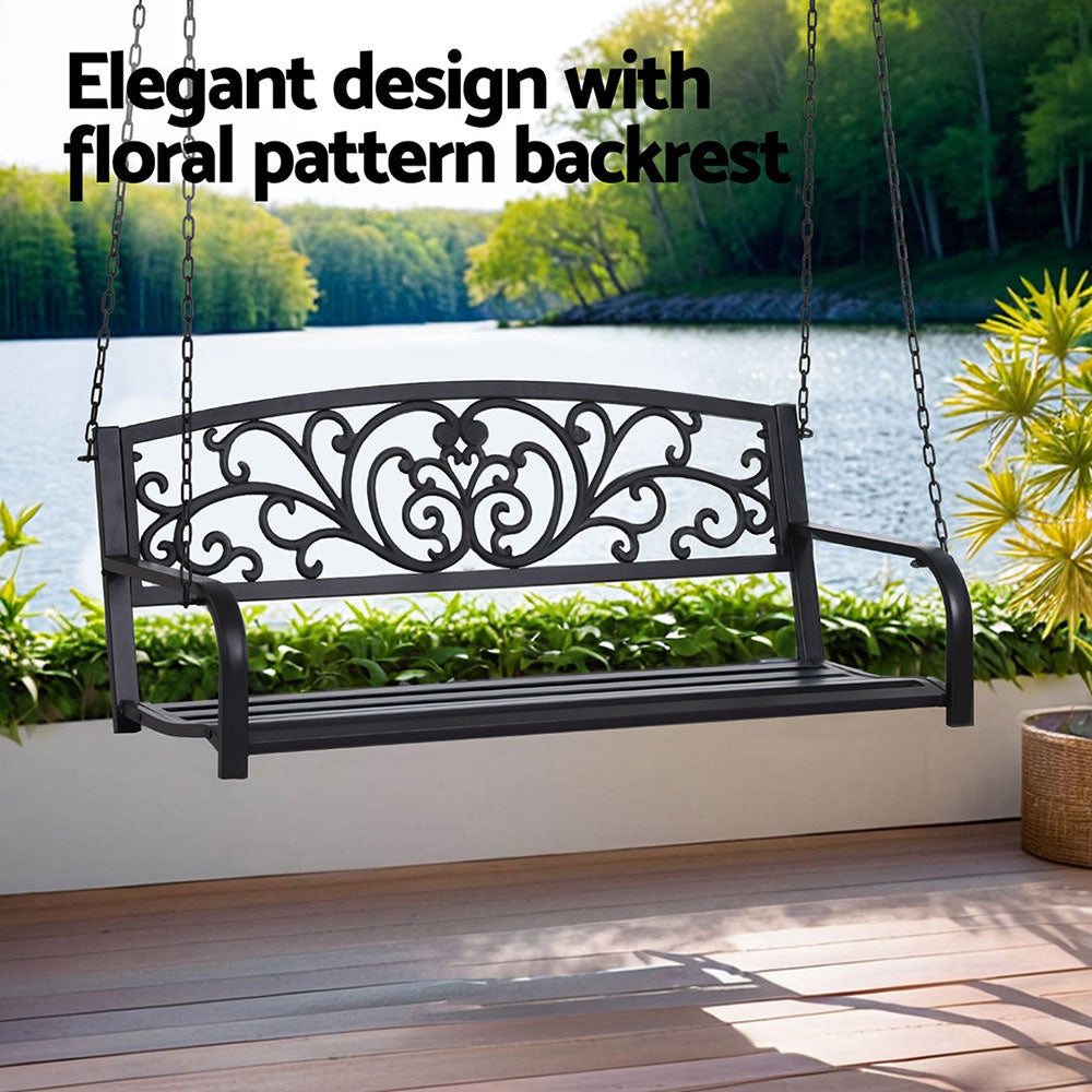 Gardeon Outdoor Porch Swing Chair Patio Furniture Floral Backrest 2 Seater Black ODF-GSC-STEEL-2S-FLORAL-BK