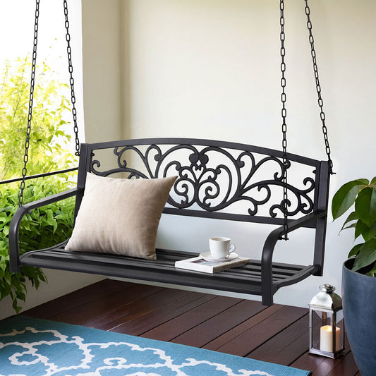 Gardeon Outdoor Porch Swing Chair Patio Furniture Floral Backrest 2 Seater Black ODF-GSC-STEEL-2S-FLORAL-BK