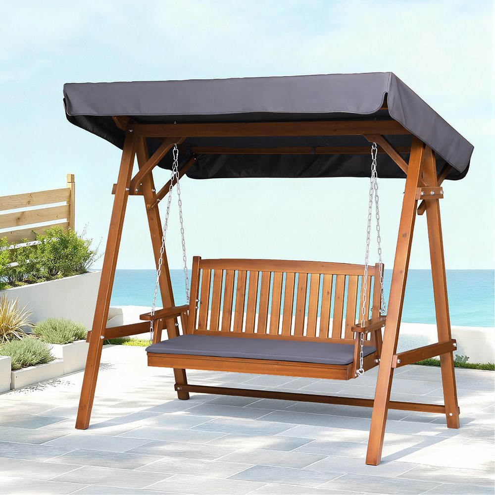 Gardeon Outdoor Wooden Swing Chair Garden Bench Canopy Cushion 3 Seater Teak ODF-GSC-W3S-TK-ABC