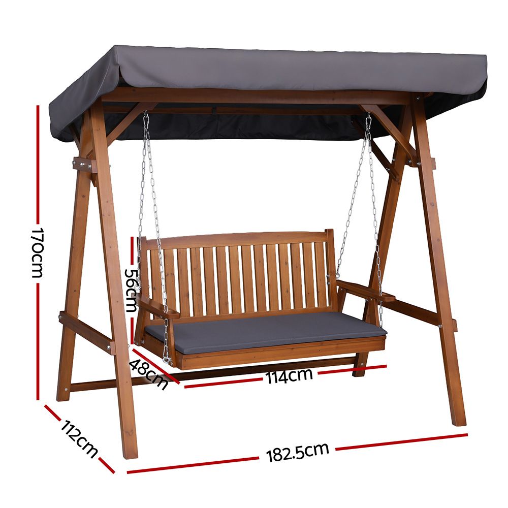 Gardeon Outdoor Wooden Swing Chair Garden Bench Canopy Cushion 3 Seater Teak ODF-GSC-W3S-TK-ABC
