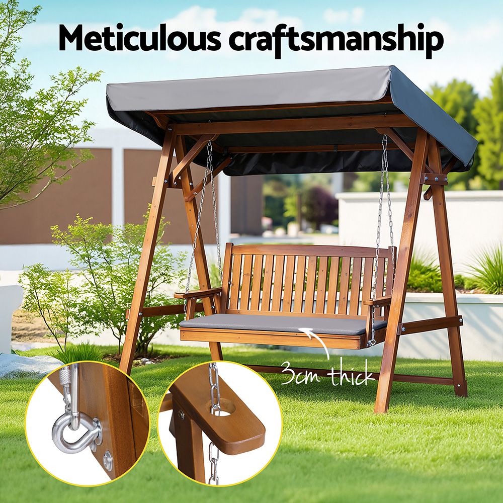 Gardeon Outdoor Wooden Swing Chair Garden Bench Canopy Cushion 3 Seater Teak ODF-GSC-W3S-TK-ABC