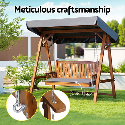 Gardeon Outdoor Wooden Swing Chair Garden Bench Canopy Cushion 3 Seater Teak ODF-GSC-W3S-TK-ABC