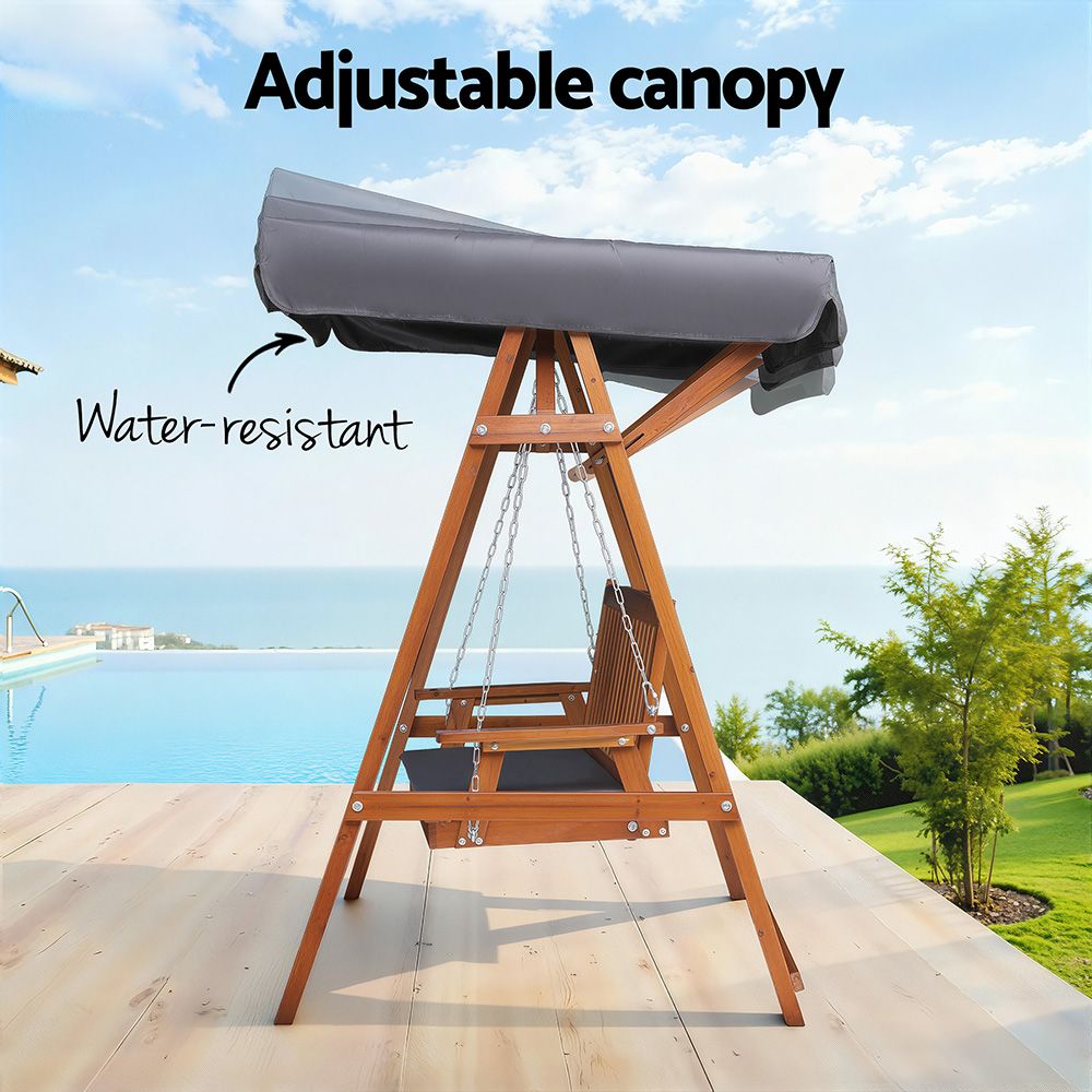 Gardeon Outdoor Wooden Swing Chair Garden Bench Canopy Cushion 3 Seater Teak ODF-GSC-W3S-TK-ABC