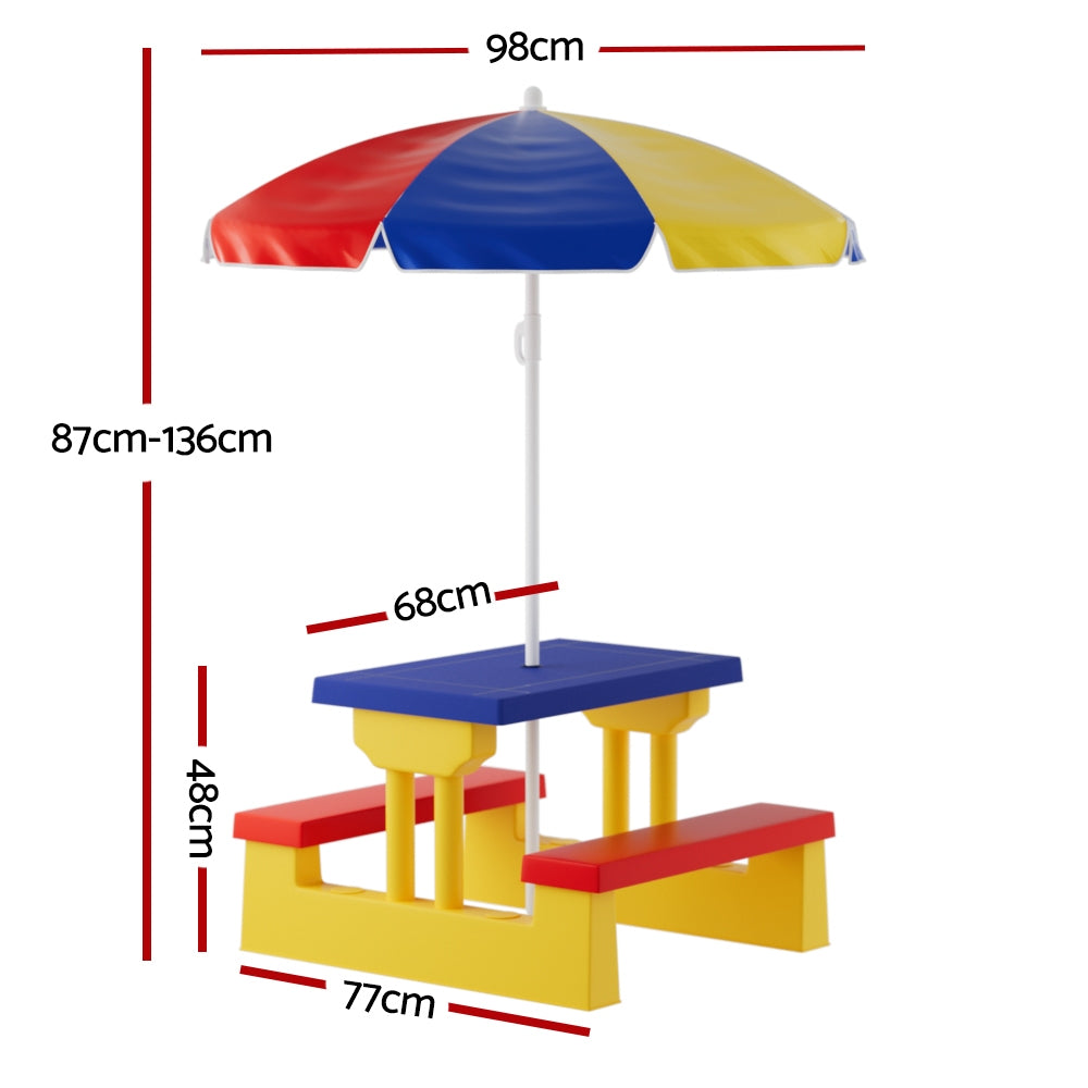 Keezi Kids Outdoor Table and Chairs Set Picnic Bench Umbrella Children Indoor ODF-KID-PICNIC-UM-PLC