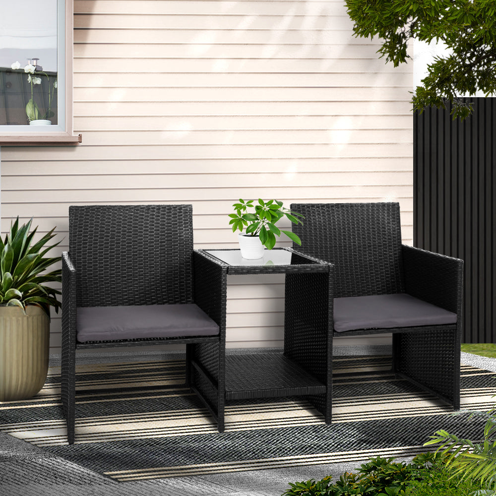 Gardeon Outdoor Setting Wicker Loveseat Birstro Set Patio Garden Furniture Black ODF-LOVESEAT-S-BK