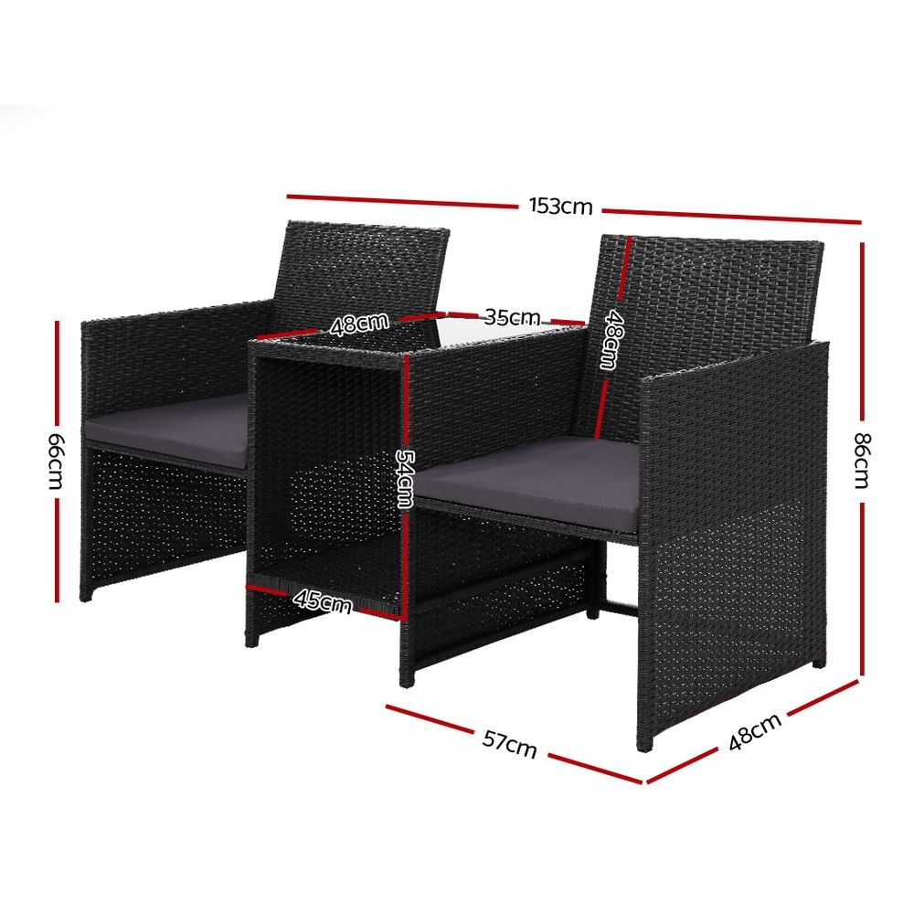Gardeon Outdoor Setting Wicker Loveseat Birstro Set Patio Garden Furniture Black ODF-LOVESEAT-S-BK