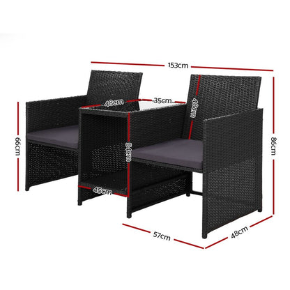 Gardeon Outdoor Setting Wicker Loveseat Birstro Set Patio Garden Furniture Black ODF-LOVESEAT-S-BK