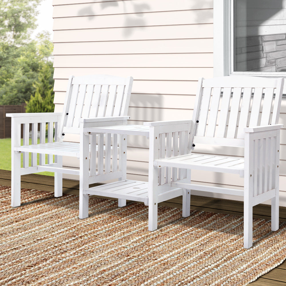 Gardeon Outdoor Garden Bench Loveseat Wooden Table Chairs Patio Furniture White ODF-LOVESEAT-WH