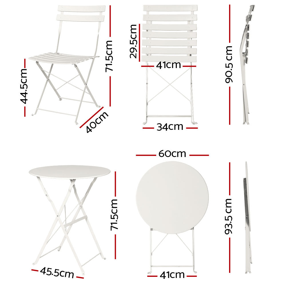 Gardeon 3PC Outdoor Bistro Set Steel Table and Chairs Patio Furniture White ODF-METAL-3PCS-WH