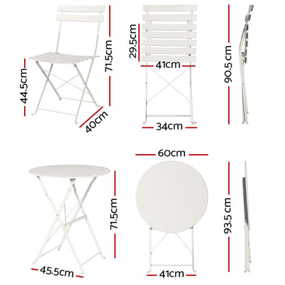 Gardeon 3PC Outdoor Bistro Set Steel Table and Chairs Patio Furniture White ODF-METAL-3PCS-WH