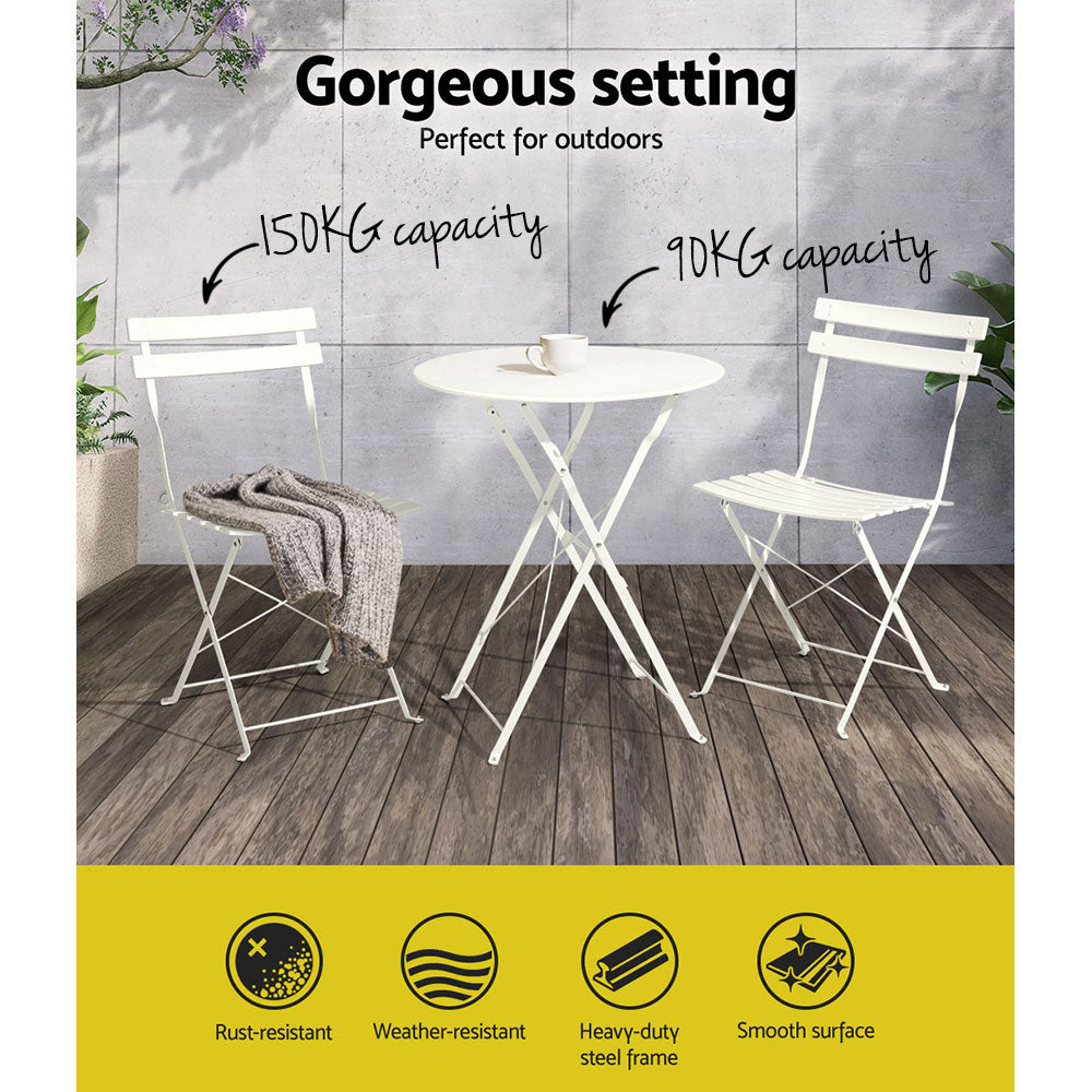 Gardeon 3PC Outdoor Bistro Set Steel Table and Chairs Patio Furniture White ODF-METAL-3PCS-WH