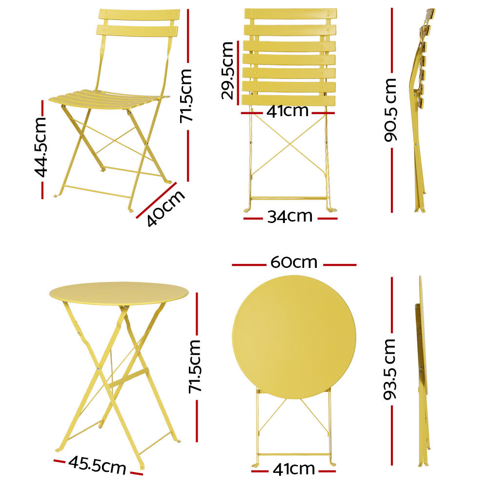 Gardeon 3PC Outdoor Bistro Set Steel Table and Chairs Patio Furniture Yellow ODF-METAL-3PCS-YE