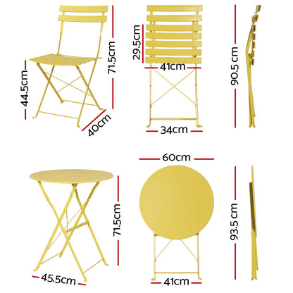 Gardeon 3PC Outdoor Bistro Set Steel Table and Chairs Patio Furniture Yellow ODF-METAL-3PCS-YE