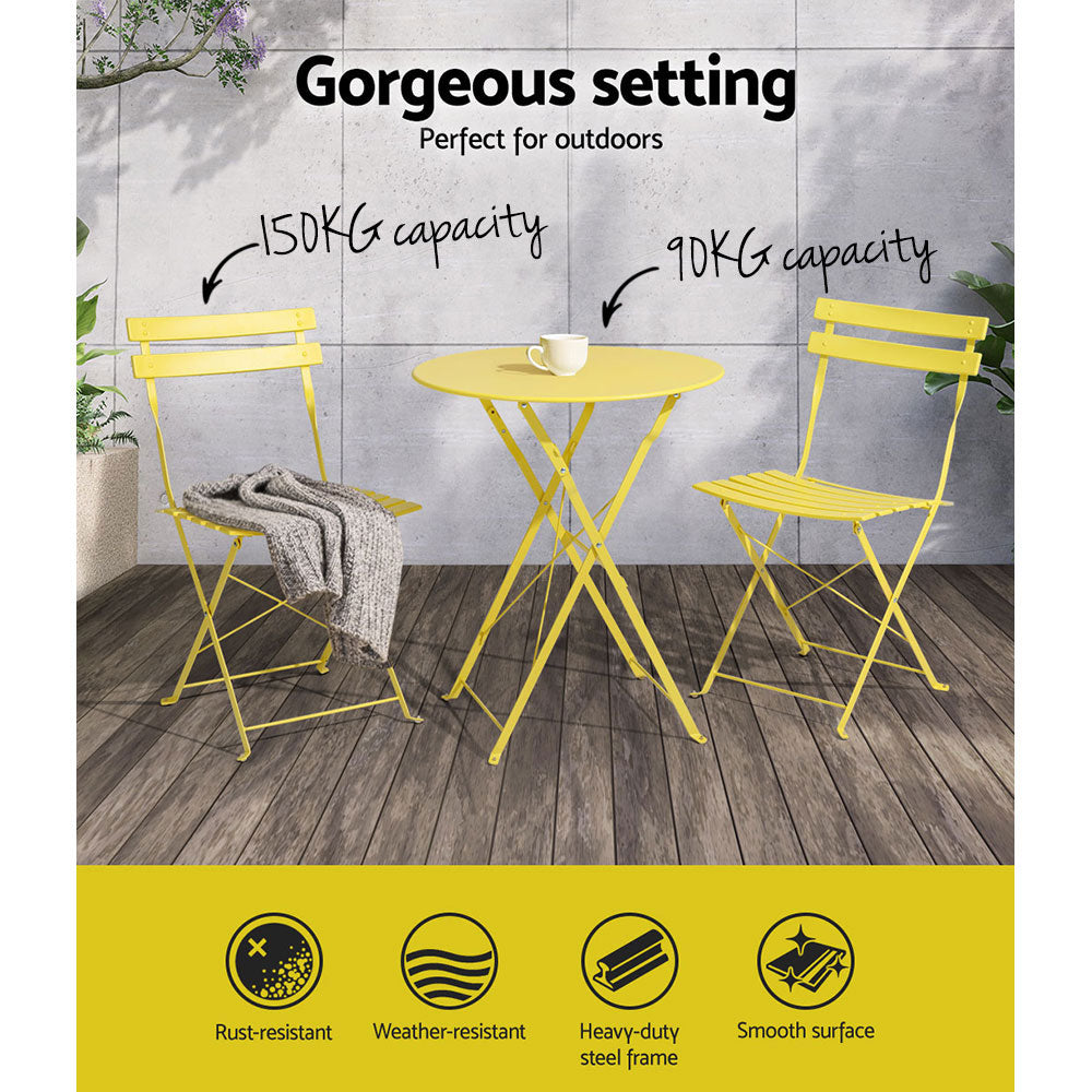 Gardeon 3PC Outdoor Bistro Set Steel Table and Chairs Patio Furniture Yellow ODF-METAL-3PCS-YE