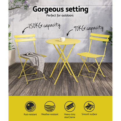 Gardeon 3PC Outdoor Bistro Set Steel Table and Chairs Patio Furniture Yellow ODF-METAL-3PCS-YE