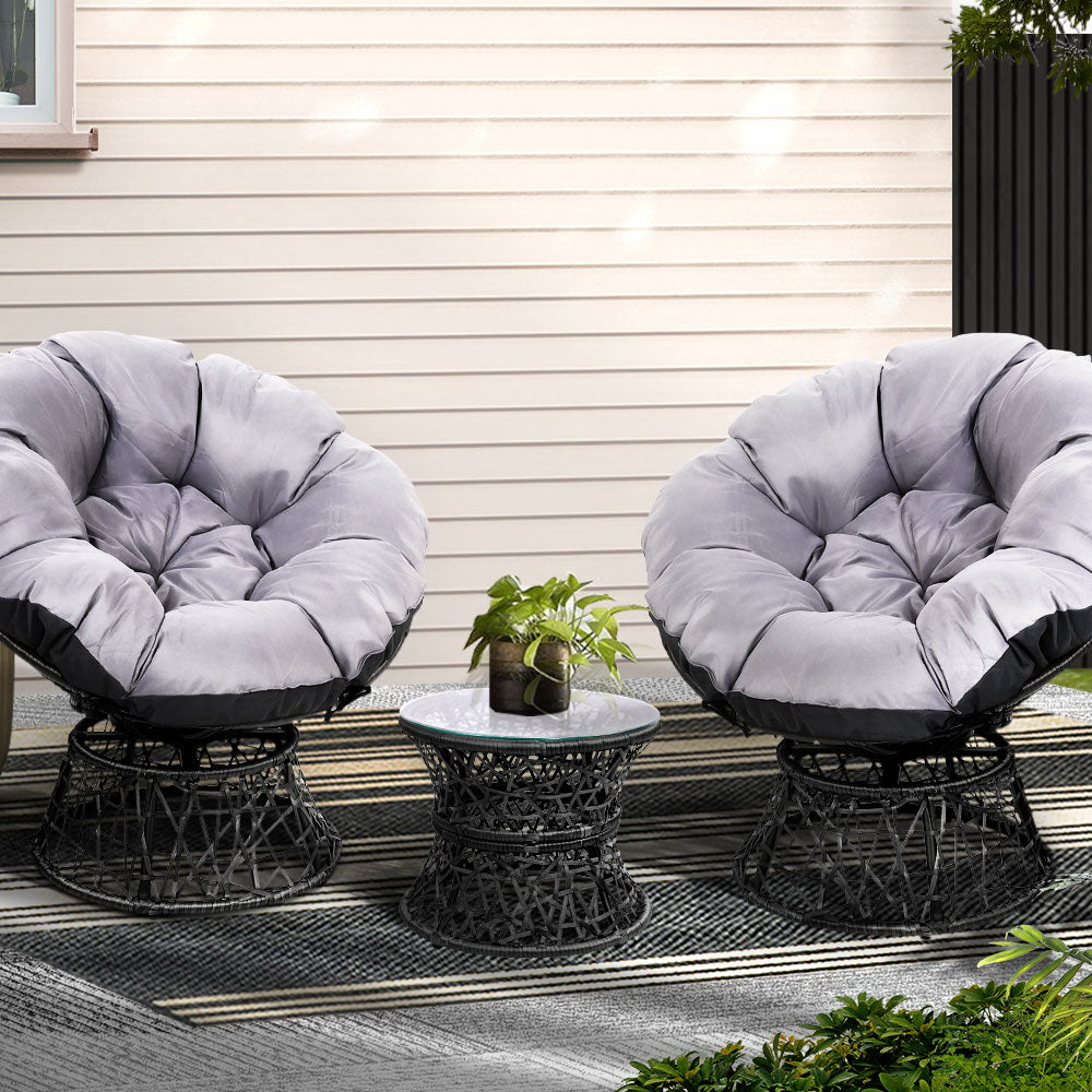 Gardeon Outdoor Lounge Setting Furniture Wicker Papasan Chairs Table Patio Black ODF-PAPASAN-TBCHX2-BK