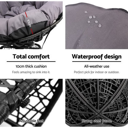 Gardeon Outdoor Lounge Setting Furniture Wicker Papasan Chairs Table Patio Black ODF-PAPASAN-TBCHX2-BK