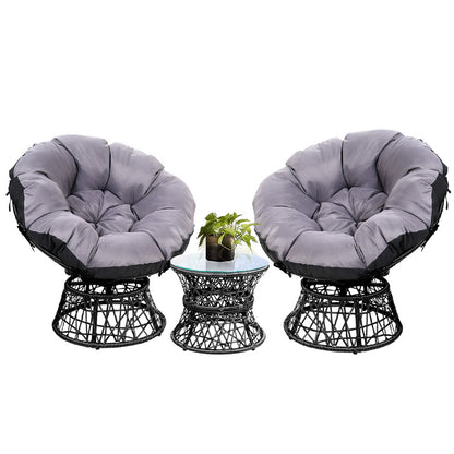 Gardeon Outdoor Lounge Setting Furniture Wicker Papasan Chairs Table Patio Black ODF-PAPASAN-TBCHX2-BK