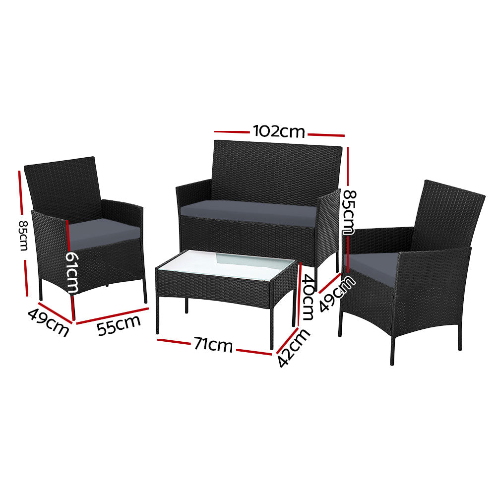 Gardeon 4 Seater Outdoor Sofa Set with Storage Cover Wicker Table Chair Black ODF-PATIO-17007-BK-AB-COVER