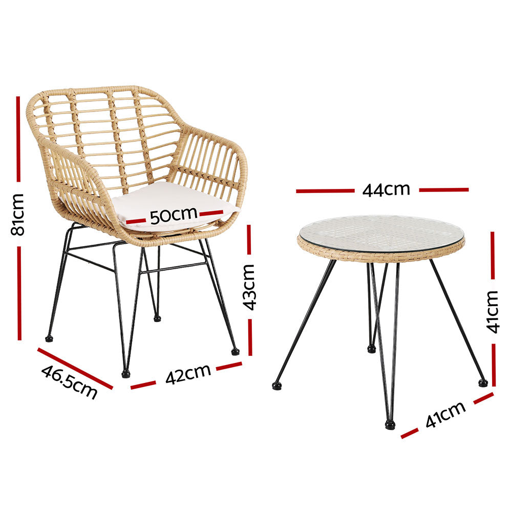 Gardeon 3PC Outdoor Furniture Bistro Set Lounge Setting Table Chairs Cushion Patio Grey ODF-RATTAN-3PCS-OAK