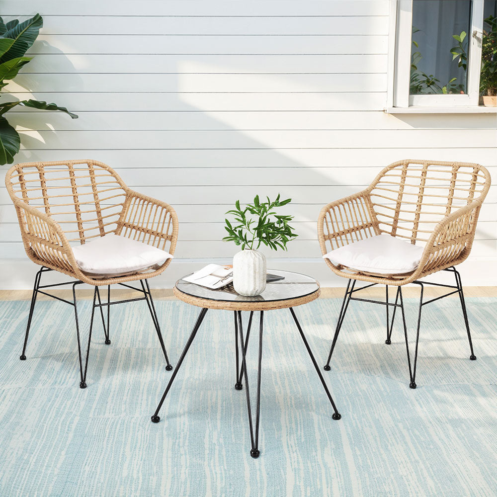 Gardeon 3PC Outdoor Furniture Bistro Set Lounge Setting Table Chairs Cushion Patio Grey ODF-RATTAN-3PCS-OAK