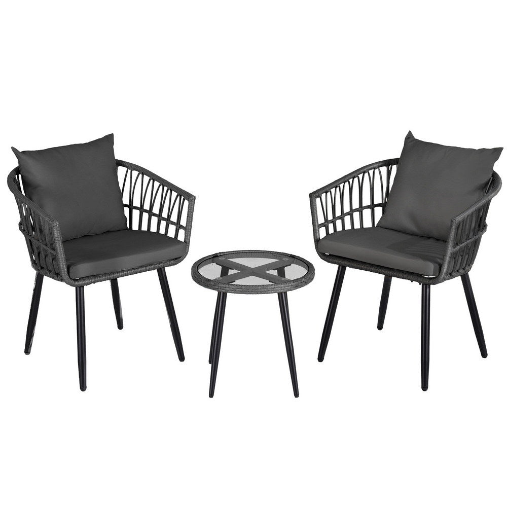Gardeon 3PC Outdoor Bistro Set Patio Furniture Lounge Setting Table and Chairs Grey ODF-RATTAN-3STL-GE
