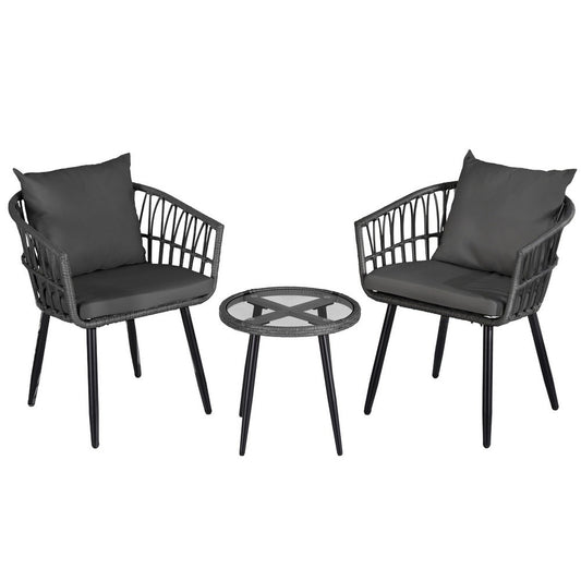 Gardeon 3PC Outdoor Bistro Set Patio Furniture Lounge Setting Table and Chairs Grey ODF-RATTAN-3STL-GE