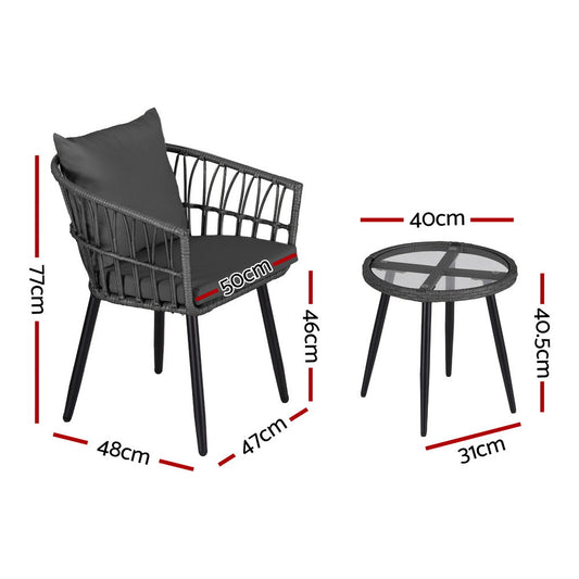 Gardeon 3PC Outdoor Bistro Set Patio Furniture Lounge Setting Table and Chairs Grey ODF-RATTAN-3STL-GE