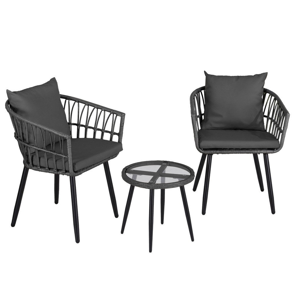 Gardeon 3PC Outdoor Bistro Set Patio Furniture Lounge Setting Table and Chairs Grey ODF-RATTAN-3STL-GE