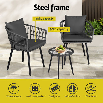 Gardeon 3PC Outdoor Bistro Set Patio Furniture Lounge Setting Table and Chairs Grey ODF-RATTAN-3STL-GE