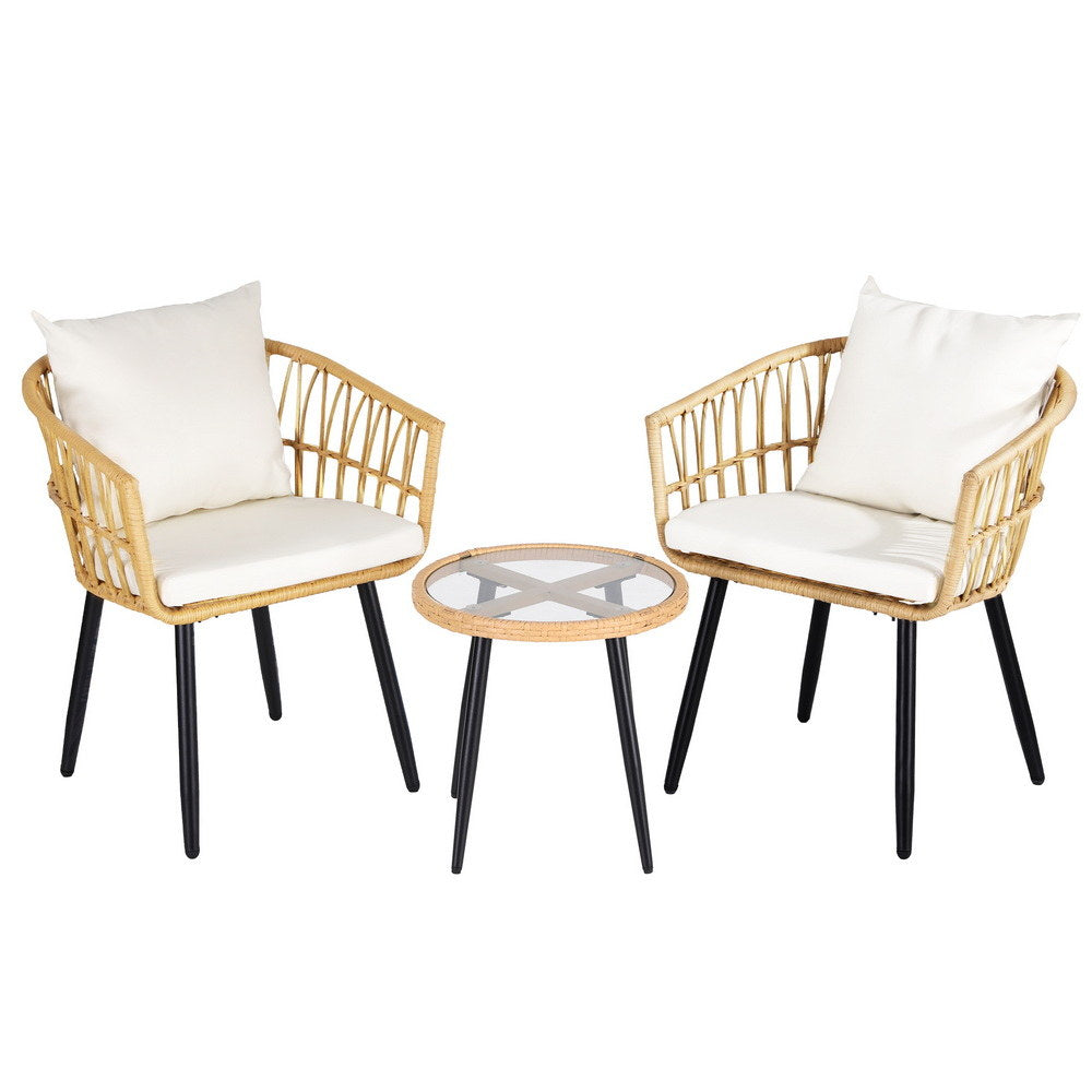 Gardeon 3PC Outdoor Bistro Set Patio Furniture Lounge Setting Table and Chairs Natural ODF-RATTAN-3STL-NTL
