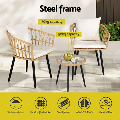Gardeon 3PC Outdoor Bistro Set Patio Furniture Lounge Setting Table and Chairs Natural ODF-RATTAN-3STL-NTL
