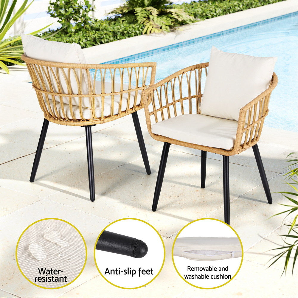 Gardeon 3PC Outdoor Bistro Set Patio Furniture Lounge Setting Table and Chairs Natural ODF-RATTAN-3STL-NTL