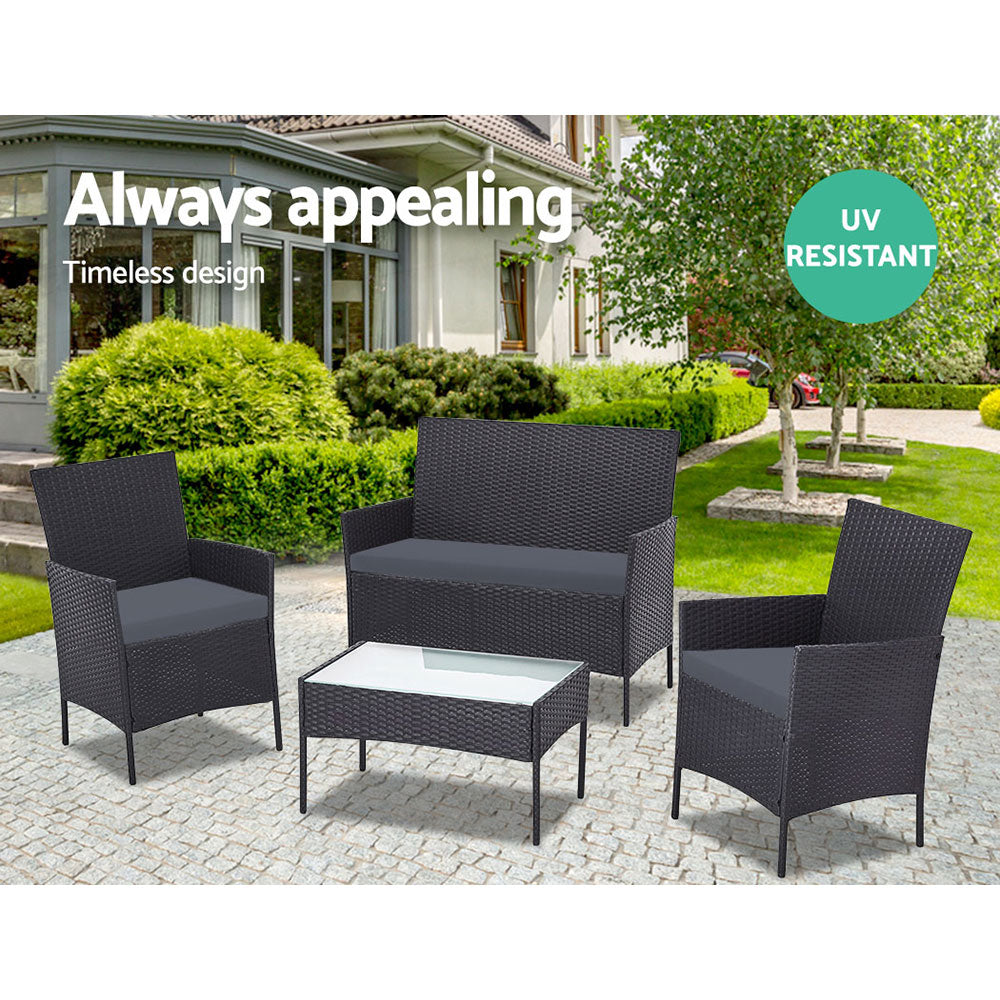 Gardeon 4 PCS Outdoor Sofa Set Rattan Chair Table Setting Garden Furniture Black ODF-RATTAN-4PC-AB-BK