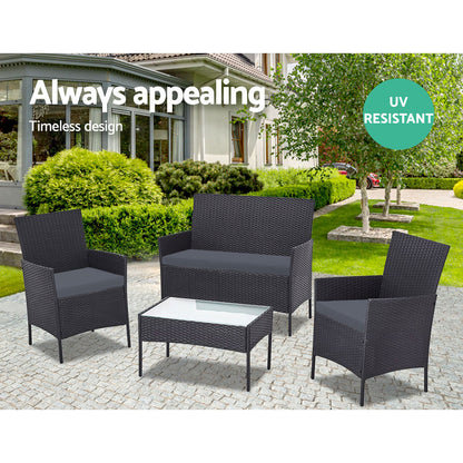 Gardeon 4 PCS Outdoor Sofa Set Rattan Chair Table Setting Garden Furniture Black ODF-RATTAN-4PC-AB-BK