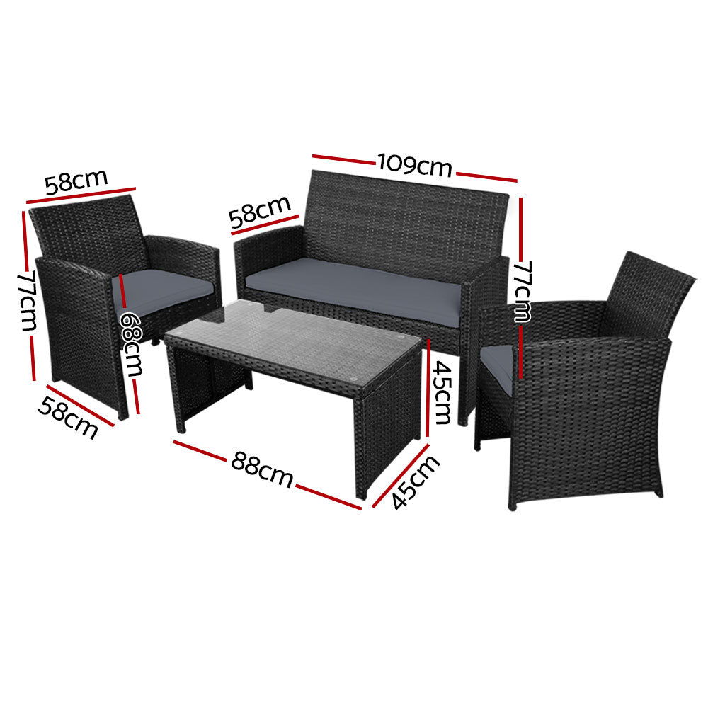 Gardeon 4 PCS Outdoor Sofa Set with Storage Cover Rattan Chair Furniture Black ODF-RATTAN-4PC-AB-BK-COVER
