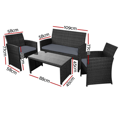 Gardeon 4 PCS Outdoor Sofa Set with Storage Cover Rattan Chair Furniture Black ODF-RATTAN-4PC-AB-BK-COVER