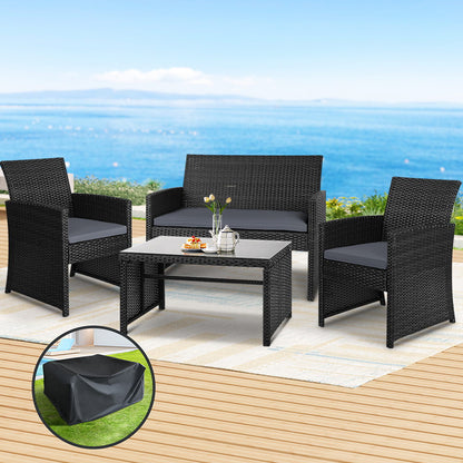 Gardeon 4 PCS Outdoor Sofa Set with Storage Cover Rattan Chair Furniture Black ODF-RATTAN-4PC-AB-BK-COVER