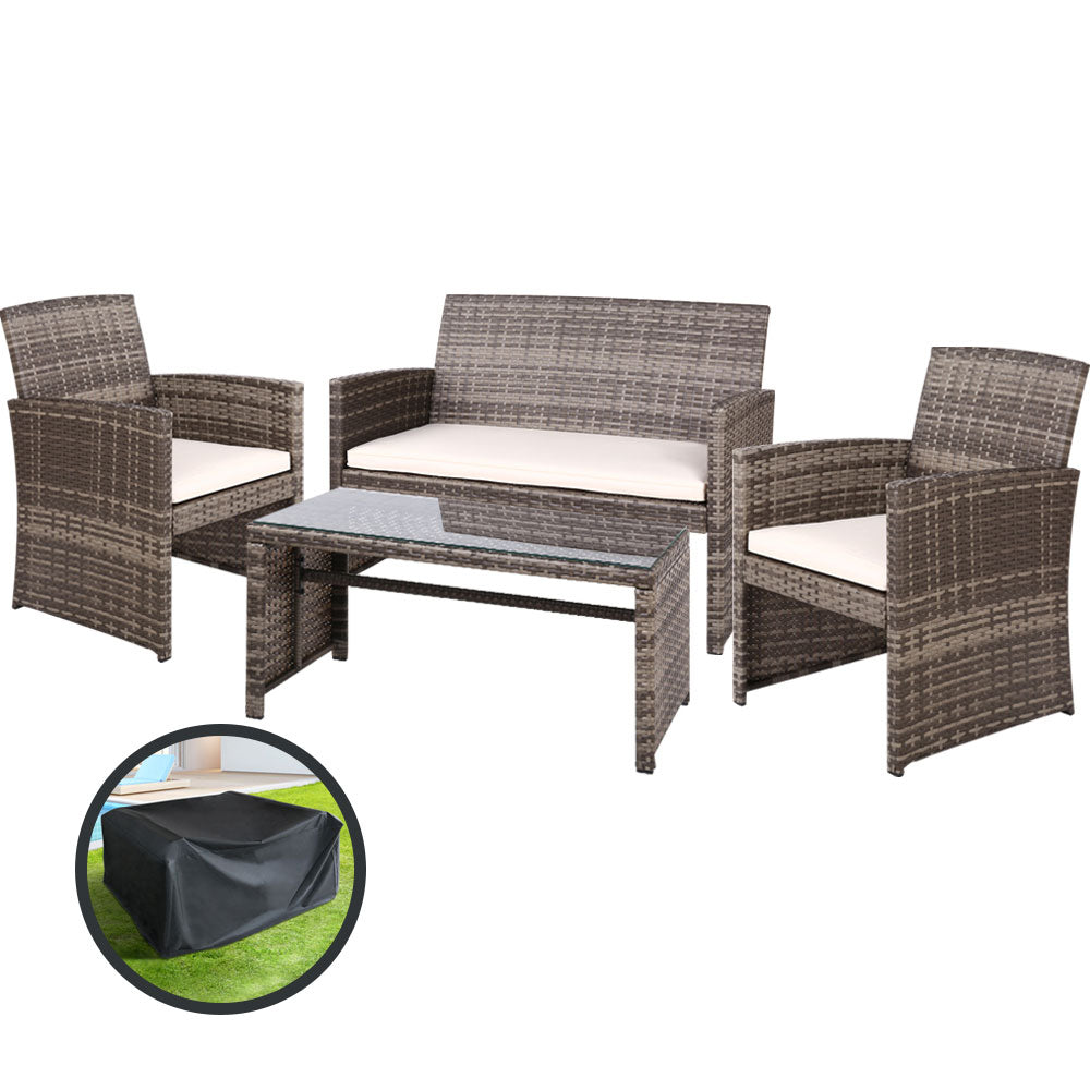 Gardeon 4 PCS Outdoor Sofa Set with Storage Cover Rattan Chair Furniture Grey ODF-RATTAN-4PC-AB-GE-COVER