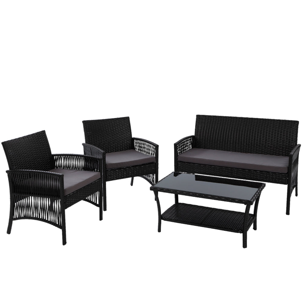Gardeon 4PCS Outdoor Sofa Set Wicker Harp Chair Table Garden Furniture Black ODF-RATTAN-HARP-BK-AB