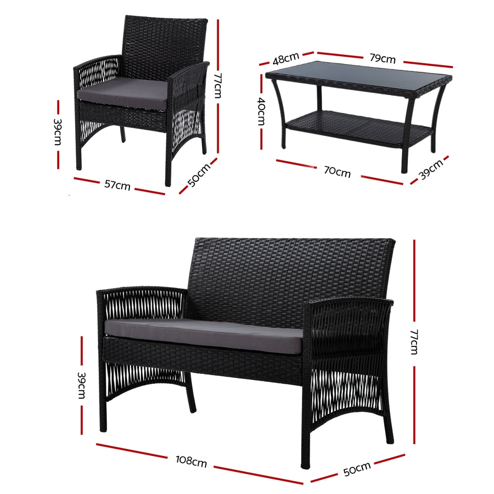 Gardeon 4PCS Outdoor Sofa Set Wicker Harp Chair Table Garden Furniture Black ODF-RATTAN-HARP-BK-AB