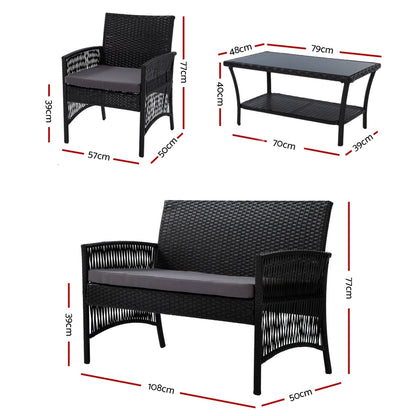 Gardeon 4PCS Outdoor Sofa Set Wicker Harp Chair Table Garden Furniture Black ODF-RATTAN-HARP-BK-AB