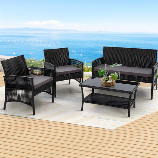Gardeon 4PCS Outdoor Sofa Set Wicker Harp Chair Table Garden Furniture Black ODF-RATTAN-HARP-BK-AB