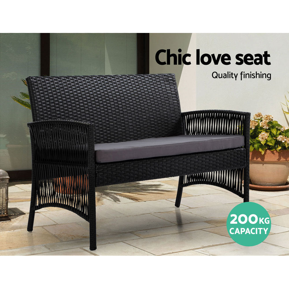 Gardeon 4PCS OutdoorSofa Set with Storage Cover Wicker Harp Chair Table Black ODF-RATTAN-HARP-BK-AB-COVER