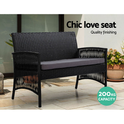 Gardeon 4PCS OutdoorSofa Set with Storage Cover Wicker Harp Chair Table Black ODF-RATTAN-HARP-BK-AB-COVER